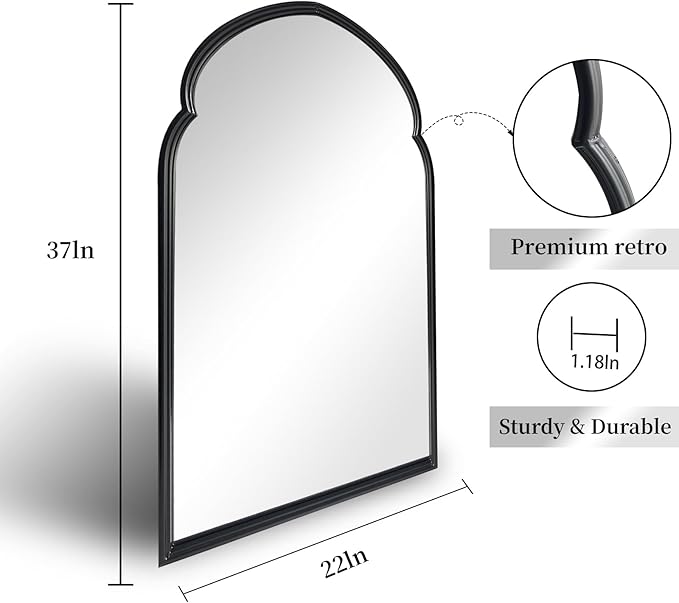 ironsmithn Arched Wall Mirror, Black Bathroom Mirror, 38" x 22" Wall Mounted Decorative Mirror, Modern Art Oblong Mirror for Master Bath Half Bath Living Room Bedroom Fireplace Entryway
