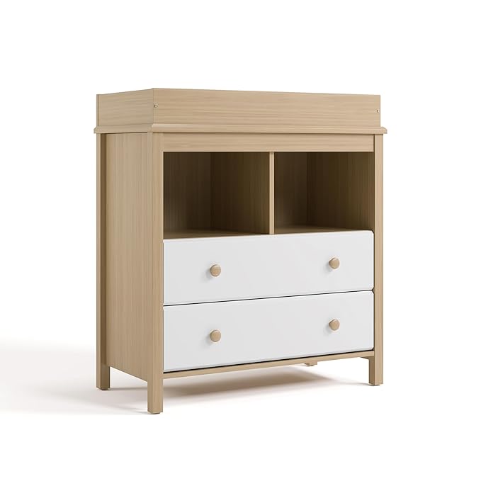 Storkcraft Alpine Nursery Changing Table Dresser Combo (White with Driftwood) – GREENGUARD Gold Certified, Dresser for Nursery, Changing Table with Drawers, Removable Changing Table Topper