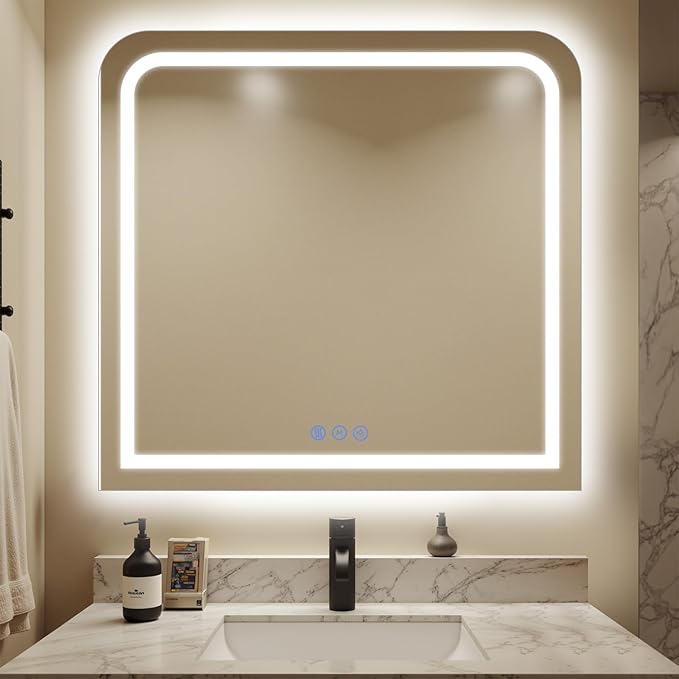 LED Bathroom Mirror, 36"x 36" LED Mirror with Lights for Bathroom, Lighted Vanity Mirrors for Wall, Anti-Fog, Dimmable, Tempered Glass, Memory Function, 3 Colors, Safe Use (White)