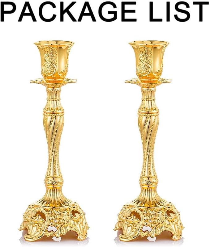 Sziqiqi Gold Candlestick Holders Set of 2 Taper Candle Holders Deluxe Ornate Candle Holders for Shabbat Taper Candles, Candle Centerpiece, Wedding Candles, Christmas Candle 7.4inch