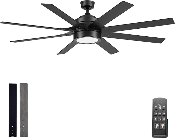 Honeywell Ceiling Fans Xerxes, 62 Inch Modern Indoor Ceiling Fan with Lights and Remote Control, Color Changing LED, 8 Dual Finish Blades, Reversible Motor - 51904-01 (Black)