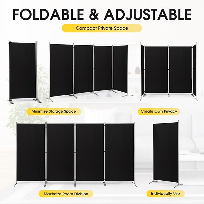 RANTILA 4 Panel Room Divider, 6 Ft Tall Folding Privacy Screen Room Dividers, Freestanding Room Partition Wall Dividers, 136''W x 20''D x 71''H, Black