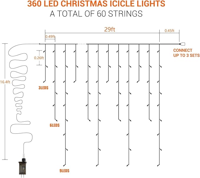 Brizled Icicle Lights Warm White, 29ft 360 LED Christmas Icicle Lights, 8 Modes Christmas Light with 60 Drops, Connectable Xmas Drop Lighting with Remote for Indoor Outdoor Christmas Wedding Holiday