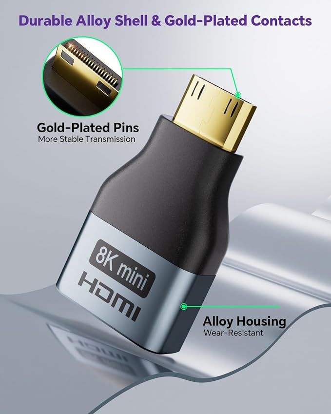 VCE Mini HDMI to HDMI Adapter, 8K@60Hz/4K@120Hz UHD Gold-Plated Converter and Alloy Housing 48Gbps HDMI 2.1 High-Speed for Camera, Tablet, Laptop to TV, Monitor, Projector, PS5, Xbox