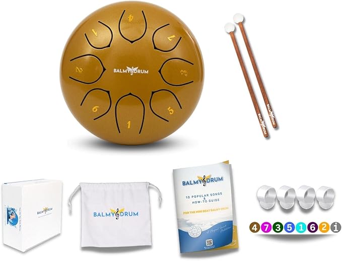 The Balmy Drum - 8 Note 6 Inch Steel Tongue Drum, Steel Drum Instrument, Drums For Children and Adults, Balmy Drum Set for Kids with Music Book, Handpan, Mallet and Carry Bag (Gold)