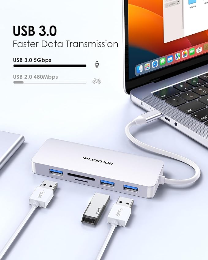 LENTION 5 in 1 USB to USB-C Adapter with Micro SD/SD Card Reader for iPhone, 4K@30Hz HDMI to USB C Hub Multiport Adapater with 3 USB 3.0 Compatible with 2025-2018 MacBook Pro/Air MacBook Neo(Silver)