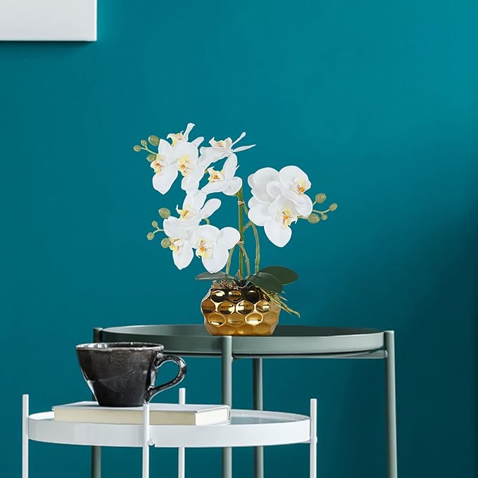 Ziwon Artificial Orchid Flowers & Plants Potted in Ceramic Pot, White Faux Phalaenopsis Orchids for Table Centerpiece, Realistic Fake Flower Arrangement for Home Office Decor Indoor
