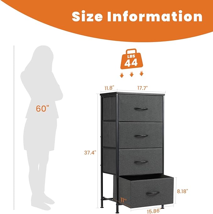DUMOS Dresser for Bedroom 4 Drawers, Tall Fabric Closet Chests Organizer Tower Furniture with Wooden Top Metal Frame for Nursery, Living Room, Closet, Grey