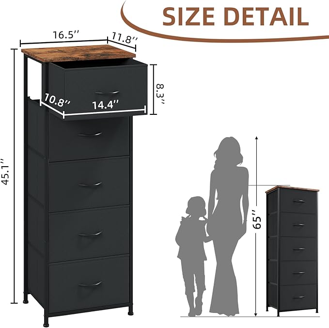 Somdot Tall Dresser for Bedroom with 5 Drawers, Storage Organizer Chest of Drawers with Removable Fabric Bins for Closet Bedside Living Room Laundry Entryway Hallway, Black Rustic Brown