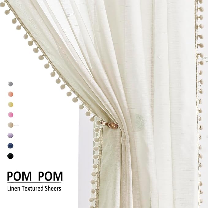 Treatmentex Pom-Pom Polyester Sheer Curtains for Office Outdoor Curtains Bedroom Window Drapes 108 inches Long Rod Pocket Curtain Set for Living Room 2 Pack, Beige