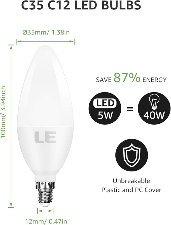 Lepro E12 LED Candelabra Light Bulbs, 5.5 watt, 40 watt Equivalent C37 B11 Ceiling Fan Bulb Chandelier Bulbs, 2700 Kelvin Warm White Type B Small Base Candle Lights, Frosted Plastic Shell, 6-Pack