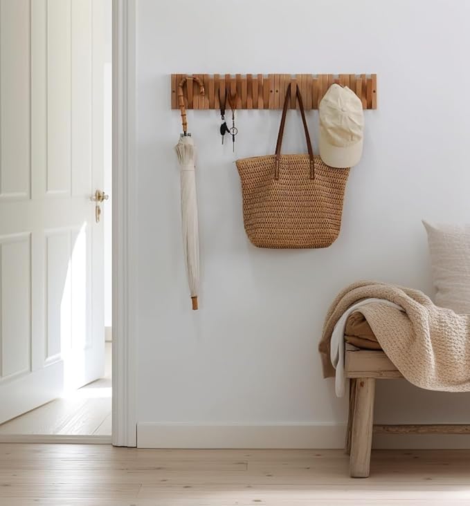 Coat & Hat Hooks Wall Mount with Key Holder, Wall Mounted Coat Rack with 9 Retractable Hangers, Solid Wood Slim Key Holder for Entryway, 17in Natural Finish