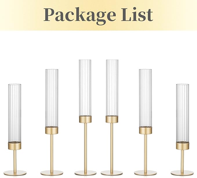 Hewory Gold Hurricane Candle Holders: Brass Candlestick Holders Set of 6 Tall Taper Candle Holders for Candlesticks Candle Sticks Holder Decor for Table Centerpiece Wedding Party Christmas Decorations