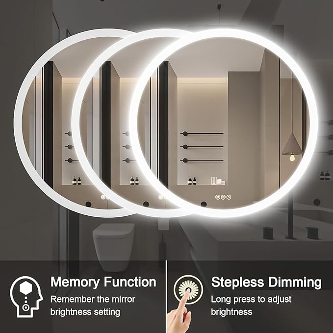 Wall-Mounted LED Round Bathroom Mirror, Makeup Mirror (32 inches x 32 inches,) 3 Color Stepless Dimmable Memory Bathroom Vanity Mirror with Lights CRI90+ 3000-6400K Smart Mirror with Touch