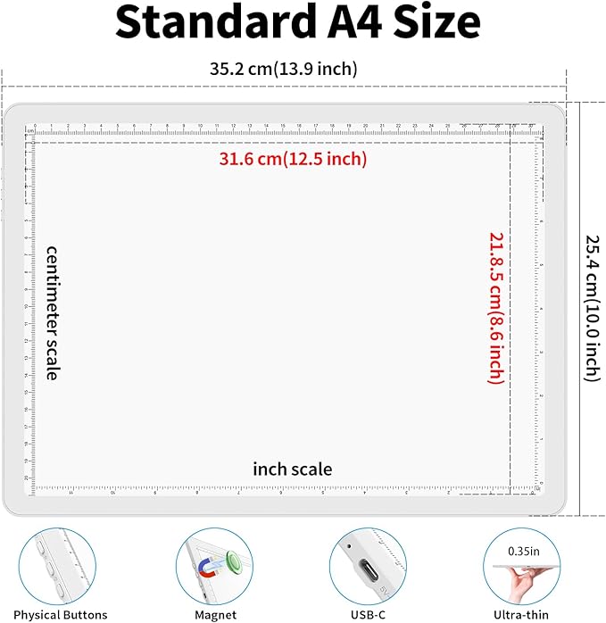 Phylosal Rechargeable A4 Light Pad with Carry Bag, Ultra-Thin Magnetic Tracing Light Box for Drawing, Diamond Art Painting Light Board with Side Button, Super Bright Light Table for Sketching (White)