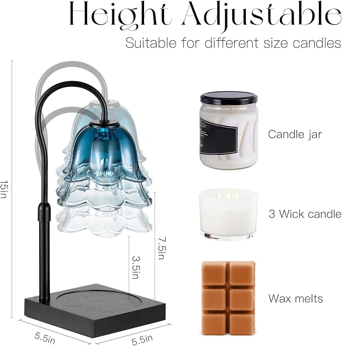 Candle Warmer Lamp with Timer: Navy Blue Flower Candle Warming Lamp with 2 Bulbs Height Adjustable Wax Warmer Dimmable Bedroom Decor Birthday Gift for Women