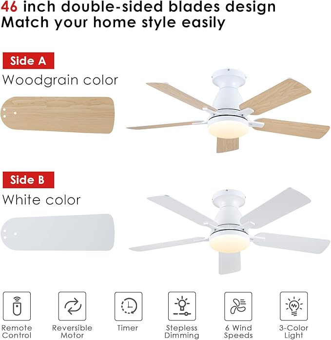 Ceiling Fans-46Inch Low Profile Indoor Ceiling Fan with Light and Remote/APP Control, Dimmable tri-Color temperatures LED,Quiet Reversible Motor,5 Blades Modern Ceiling Fans for Indoor