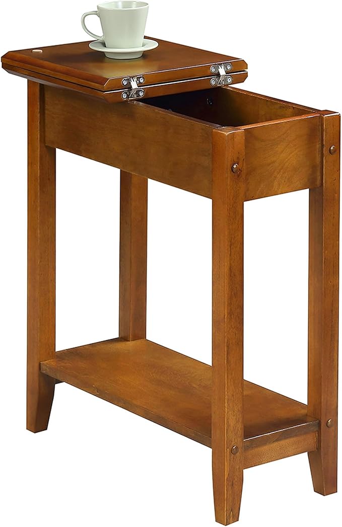 Convenience Concepts American Heritage Flip Top End Table 23.25" - Classic Narrow Chairside Accent with Hidden Storage & Lower Shelf for Traditional, Modern Living Room, Light Walnut