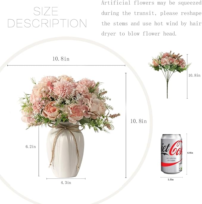 Peonies Artificial Flowers in Vase, Fake Hydrangea Silk Peony Flower Bouquet with Vase Faux Flowers Arrangement Decor Home Table Dining Room (Pink)