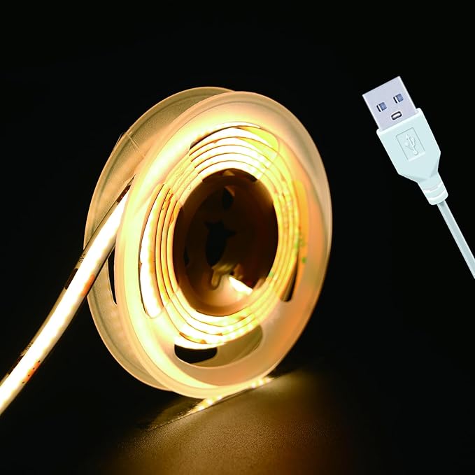 Short Led Strip Lights 5V USB LEDs Display Cabinet Lighting COB LED Strip Light 3000K Warm White Not Dimmable Flexible Small led Lights for DIY Home LED TV Lights Indoor Use (3.28FT/1M)