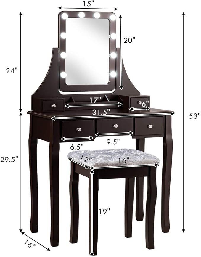 CHARMAID LED Vanity Desk with Lighted Mirror, 10 Dimming Bulbs, 5 Drawers, 3 Storage Organizers, Makeup Vanity Desk with Stool, Bedroom Dressing Table, Gift for Girls Women (Espresso)