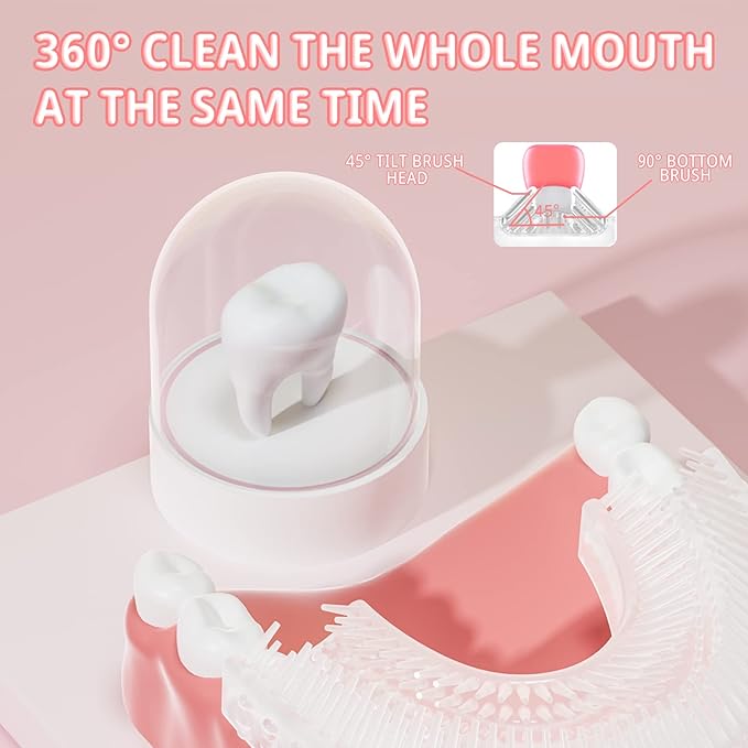 Kids Electric U Shaped Toothbrush,Kids Sonic Full Mouth Toothbrush with 4 Soft Brush Head Automatic Rechargeable 6 Cleaning Modes IPX7 Waterproof 360 Degree Cleaning - Age8-15 Pink