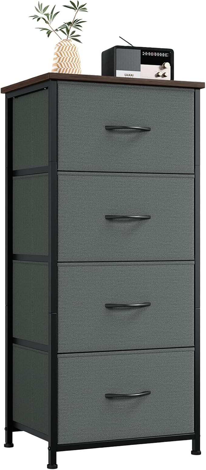 Somdot Tall Dresser for Bedroom, 4 Drawer Storage Organizer Chest of Drawers with Removable Fabric Bins for Living Room Closet Bedside Nursery Laundry Entryway Hallway, Charcoal Grey