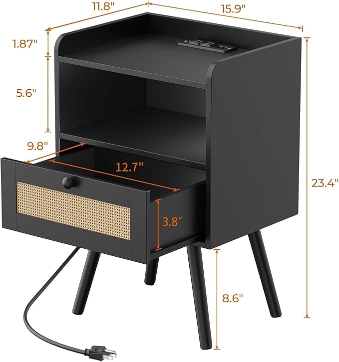 SUPERJARE Nightstand with Charging Station & Rattan-Like Decor Drawer, Rattan End Table with Solid Wood Feet, Bed Side Table with Open Storage, for Bedroom, Living Room, Dormitory - Black