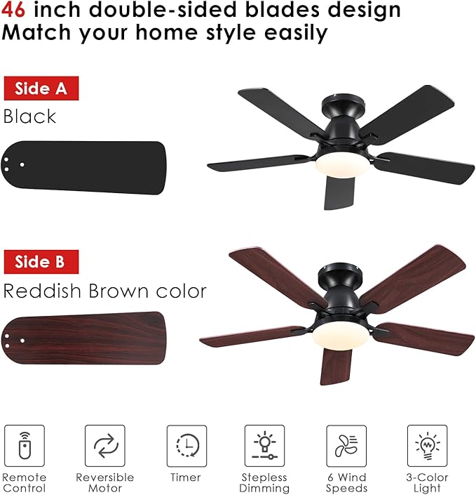 Ceiling Fans with Lights- 46" Low Profile Indoor Ceiling Fan with Light and Remote/APP Control, Flush Mount, LED Dimmable DC Reversible Modern Ceiling Fan for Bedroom（Black）