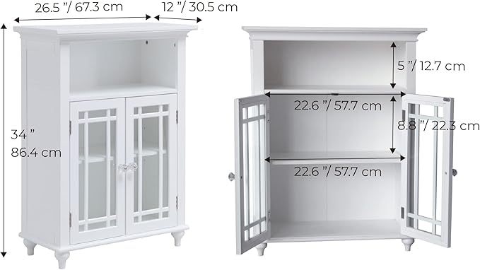 Teamson Home Neal Wooden Freestanding Floor Cabinet with 1 Adjustable Shelf 3 Storage Spaces 2 Glass Doors and 2 Clear Knobs, White