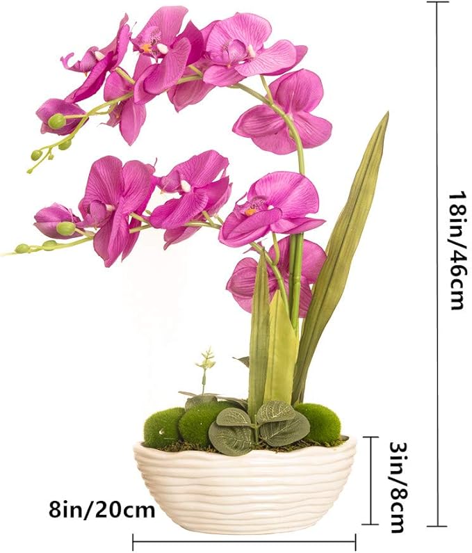 Large Artificial Potted Orchid Plant, Silk Flower Arrangement with Ceramics Vase, Purple Red