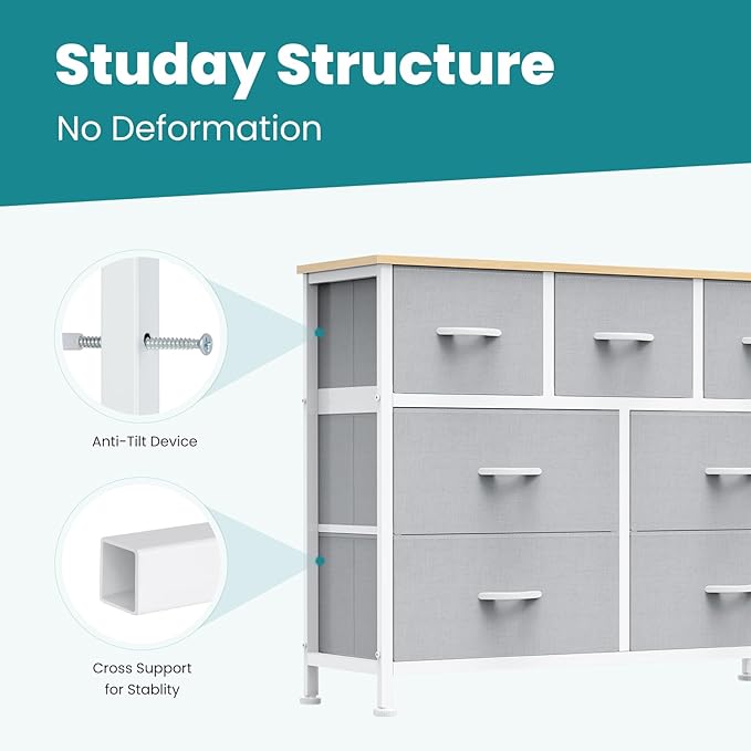 OLIXIS 7 Drawers Dresser for Bedroom, Fabric Storage Tower for Living Room, Entryway - Sturdy Steel Frame, Wooden Top and Easy Pull Fabric Bins, Closet Chests Organizer for Clothes,Light Gray