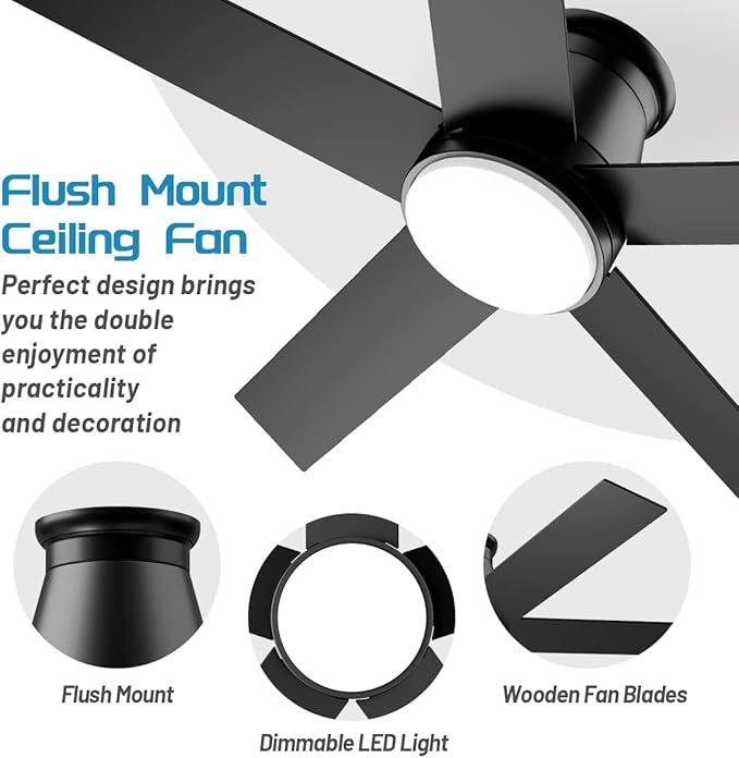 wurzee 52" Flush Mount Low Profile Ceiling Fan, Black,6 Speeds DC Reversible Motor,Timing, Dimmable for Indoor, Patio,Porch, Garage, Shop