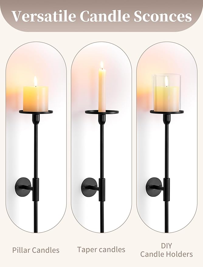 Sziqiqi Wall Candle Holder Black: Metal Candle Sconces for Pillar Candlestick Modern Wall Mount Candleholders Set of 2 - Long Candlestick Sconce Decor for Living Room Bedroom Bathroom Fireplace