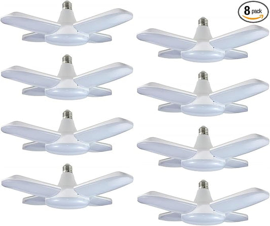 (8 Packs) LED Garage Lights, 60W Trilights Ceiling, High Low Bay Deformable Adjustable 4 Led Light Bulbs 6000LM 6000K, Screw in Tribright Garage Lighting Fixture,CRI80 Daylight