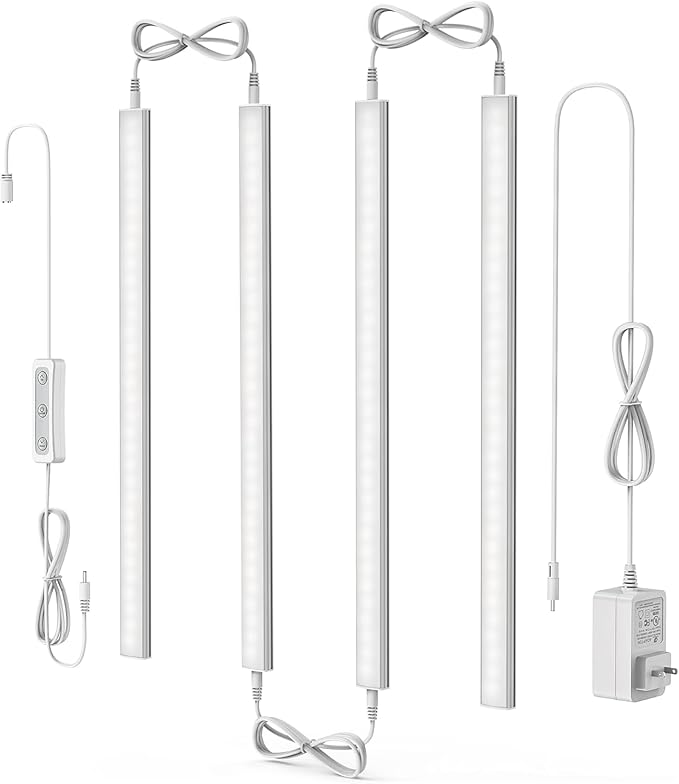ASOKO Under Cabinet Led Light Plug in, Dimmable Cold White 5000K, 4 Pack 12 inch Linkable Led Under Counter Lights for Kitchen