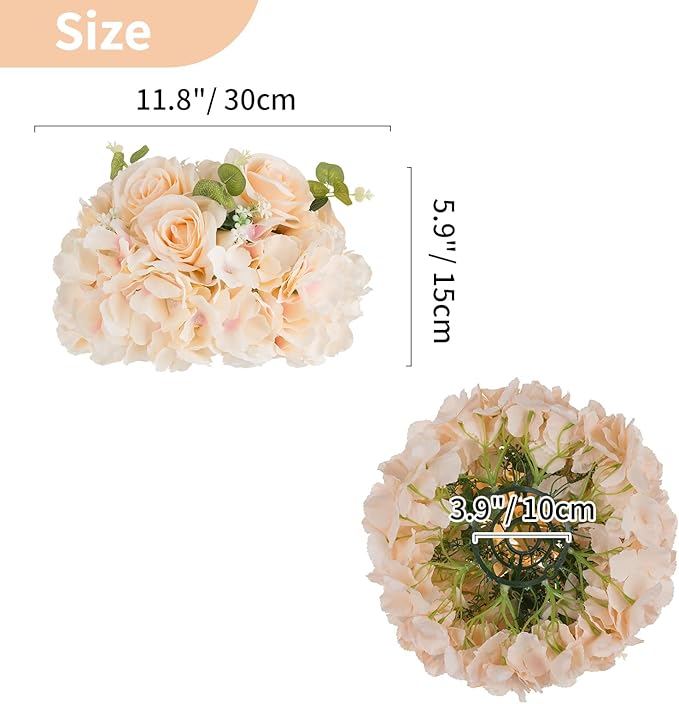 NUPTIO Flower Ball Arrangement Bouquet: 2 Pcs 11.8 inch Diameter Champagne Rose Fake Flowers Balls for Wedding Centerpiece Decorations Artificial Flower Centerpieces for Tables