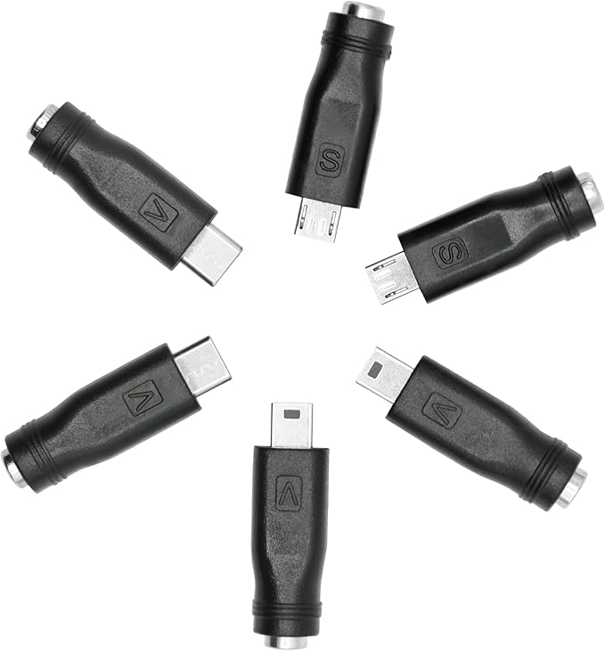 6Pcs DC 5.5mm x 2.1mm to USB Adapter, 5V DC 5521 Female to Type C & Micro & Mini USB Male Plug Convert Connector Power (Mixed)