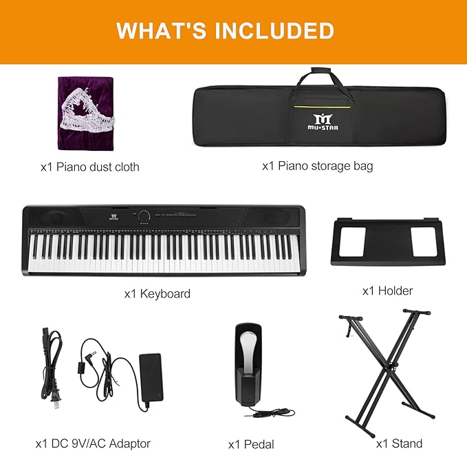 MUSTAR Digital Piano 88 Key Weighted with Stand, 88 Key Semi Weighted Keyboard Piano MEP-1100, Electric Piano Keyboard 88 Keys for Beginners, 2x25W Stereo Speakers, Case, Sustain Pedal, ABS, Black