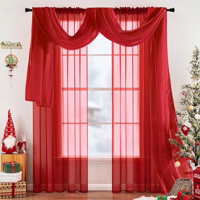 MIULEE Christmas Sheer Window Scarf Valance Extra Long Topper Elegant Swag Curtains Luxury Draping Fabric for Wedding Arch Party Ceremony Canopy Bed Living Room, 37'' x 216'', 1 Panel Red