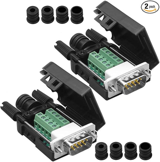 2PCS DB9 Solderless RS232 D-SUB Serial to 9-pin Port Terminal Male Adapter Connector Breakout Board with Case Long Bolts Tail Pipe (2PCS Thinner Male)