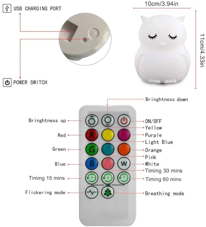 Owl Night Light for Kids, Rechargeable LED Bedside Lamp for Children, 9 Changing Color Silicone Nursery Lamp for Breastfeeding, Eyes Caring, Tap Adjustable Brightness & Colors