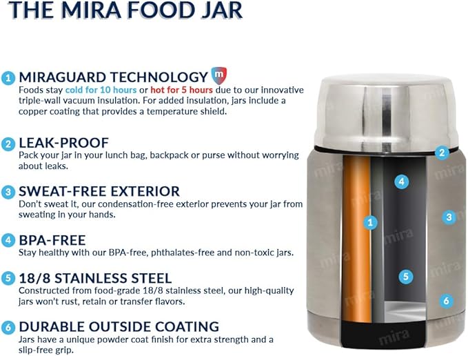 MIRA 15 oz Insulated Food Thermos for hot and cold foods - Leak-Proof Stainless Steel Container with Spoon - Honey