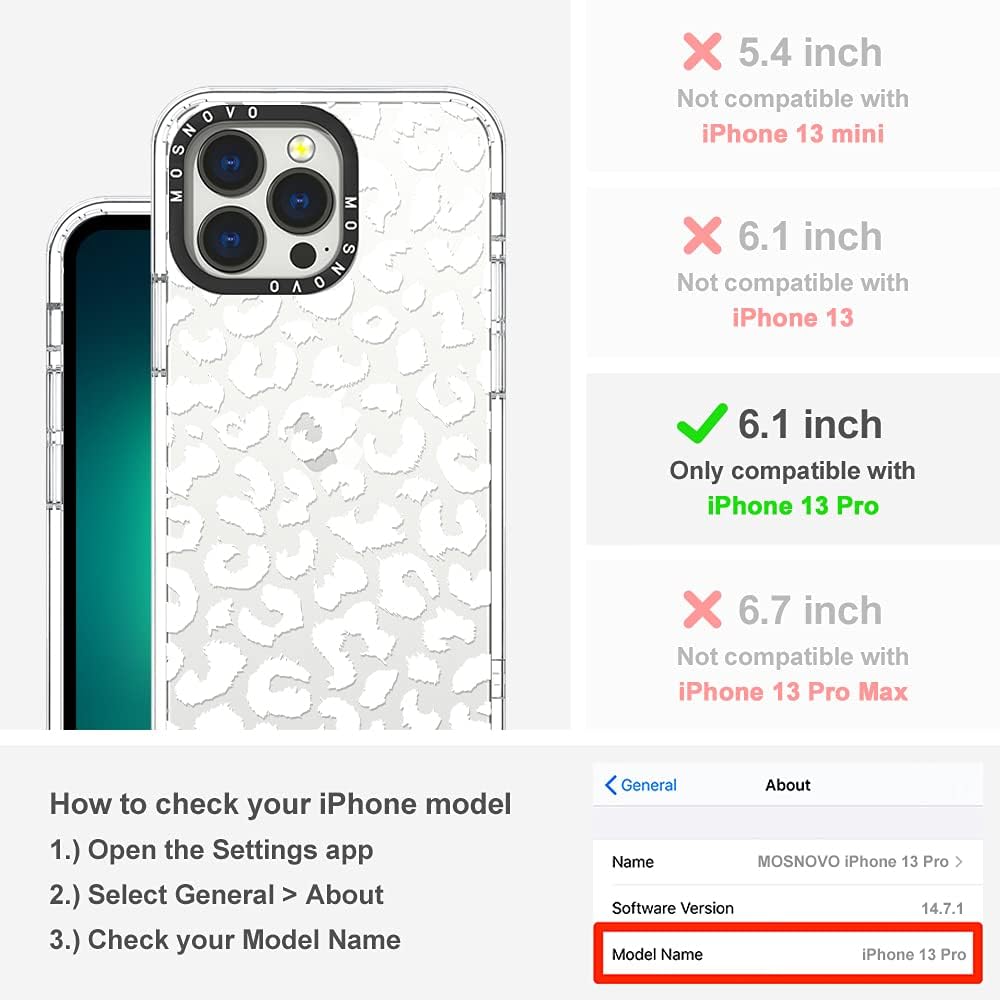 MOSNOVO iPhone 13 Pro Case, Clear TPU Bumper with Buffertech 6.6ft Military-Grade Drop Protection, White Leopard Print