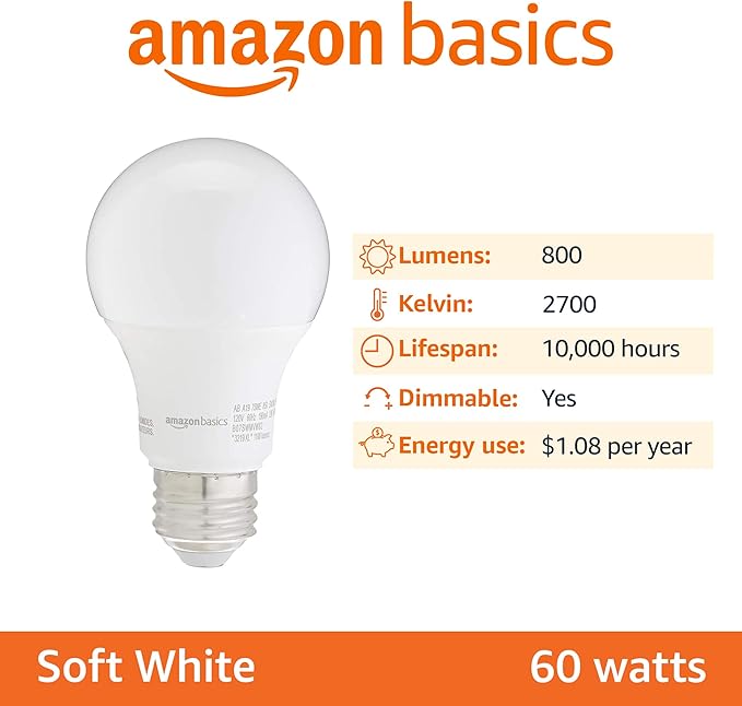 Amazon Basics A19 LED Light Bulbs, 60 Watt Equivalent, Energy Efficient 9W, E26 Standard Base, Soft White 2700K, Dimmable, 10,000 Hour Lifetime , 6-Pack