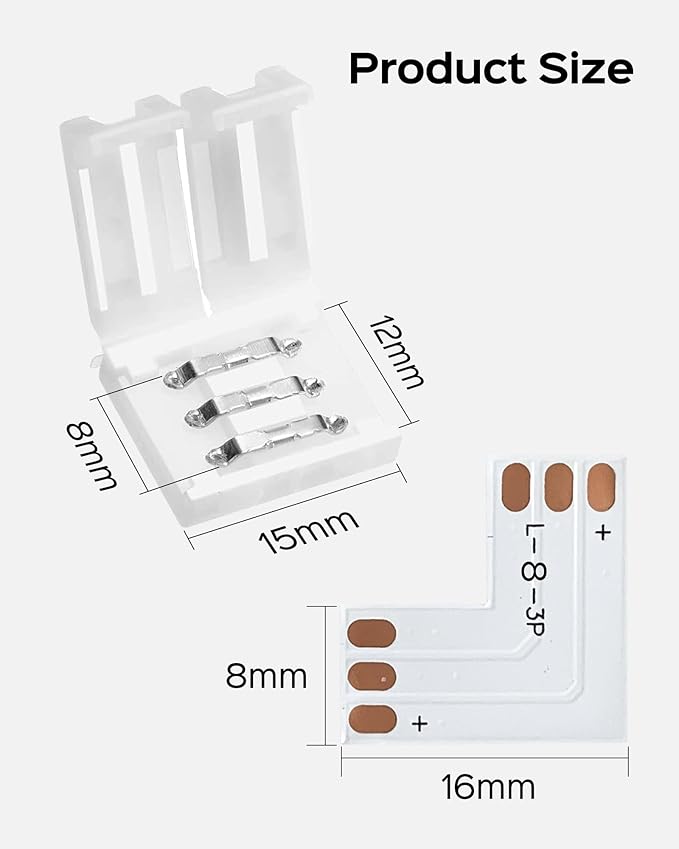 JACKYLED 8mm 3-Pin LED Connectors for LED Strip Lights, Total 22Pcs Corner Connectors Kit for Unwired Gapless Solderless Adapter Extension - 8mm 3pin 10 Pack