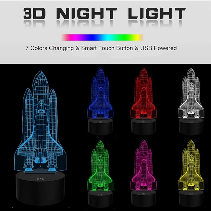 Rocket Night Light 3D Illusion Lamp LED Space Shuttle Nightlight 7 Color Changing Touch Sensor Desk Table Lamp with USB Cable Decoration for Nursery Bedroom Kids Boys Birthday Gifts