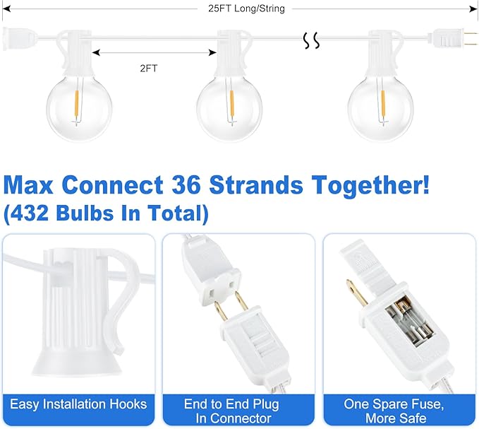 Bosceos Outdoor G40 LED Globe String Lights 25FT Dimmable Shatterproof Waterproof Patio Lights with 12+2 Bulbs Connectable Commercial Hanging Light for Patio Balcony Backyard Party (White Wire)
