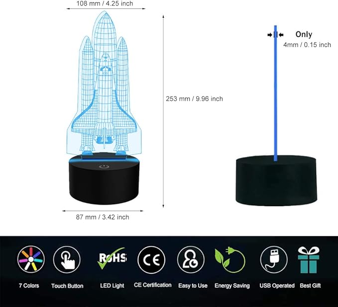 Rocket Night Light 3D Illusion Lamp LED Space Shuttle Nightlight 7 Color Changing Touch Sensor Desk Table Lamp with USB Cable Decoration for Nursery Bedroom Kids Boys Birthday Gifts
