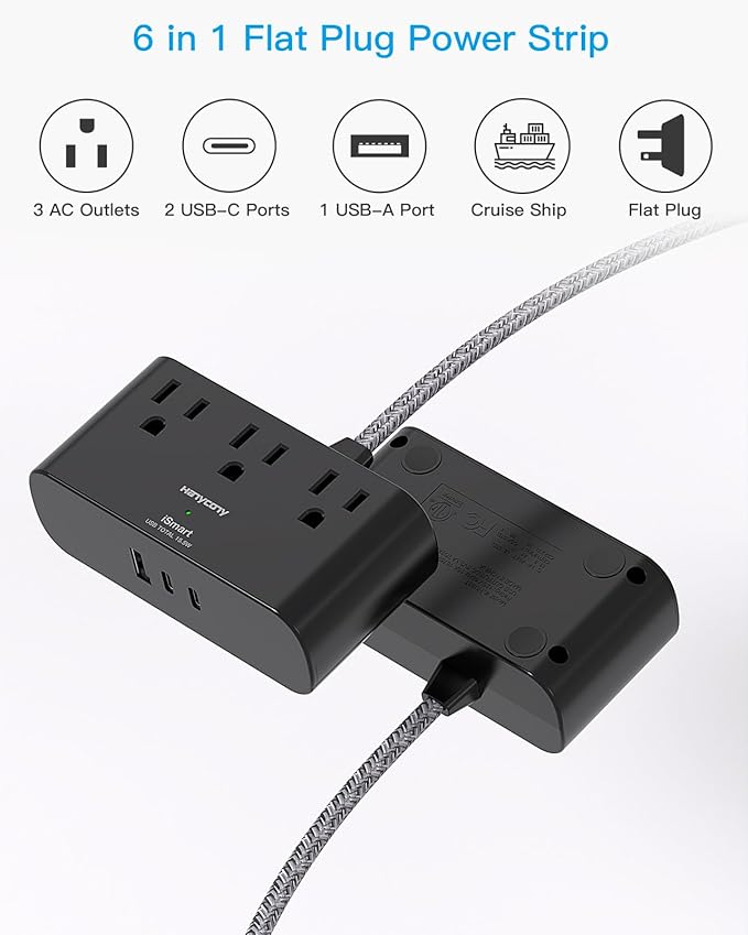 Black Flat Plug Power Strip, HANYCONY 6 Ft Ultra Thin Flat Extension Cord, 3 Outlets 3 USB Ports(2 USB C) Multi Plug Outlet Extender with No Surge Protector for Cruise Ship Travel Dorm Room Essentials